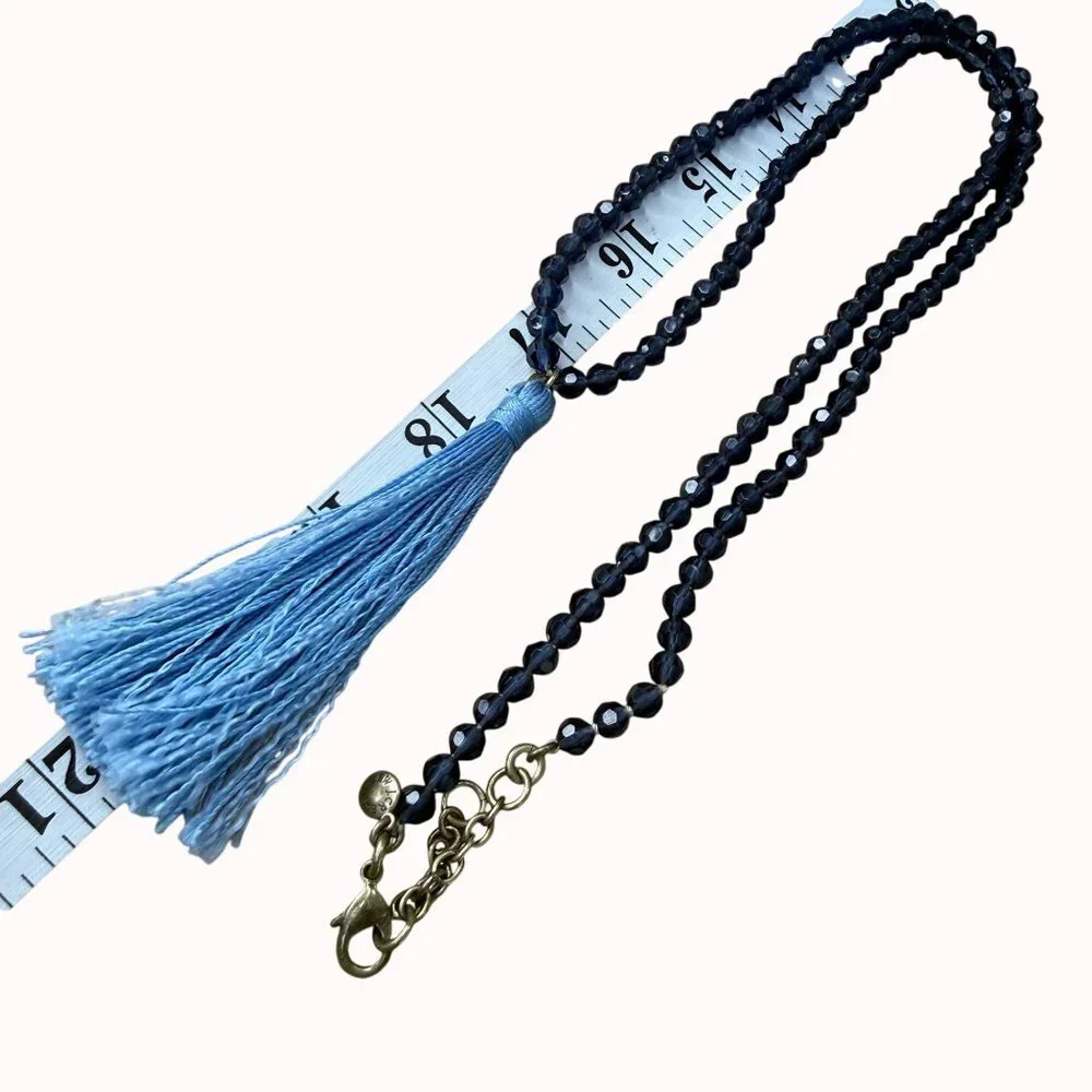 J.Crew Navy Blue Beaded Necklace With Light Blue Tassel Pendant 18
